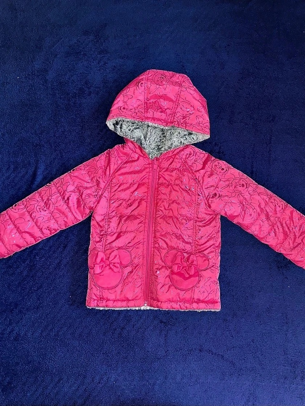 Girls Disney Minnie Mouse Reversible Hooded Jacket Size 4 Soft Fleece Gray Pink